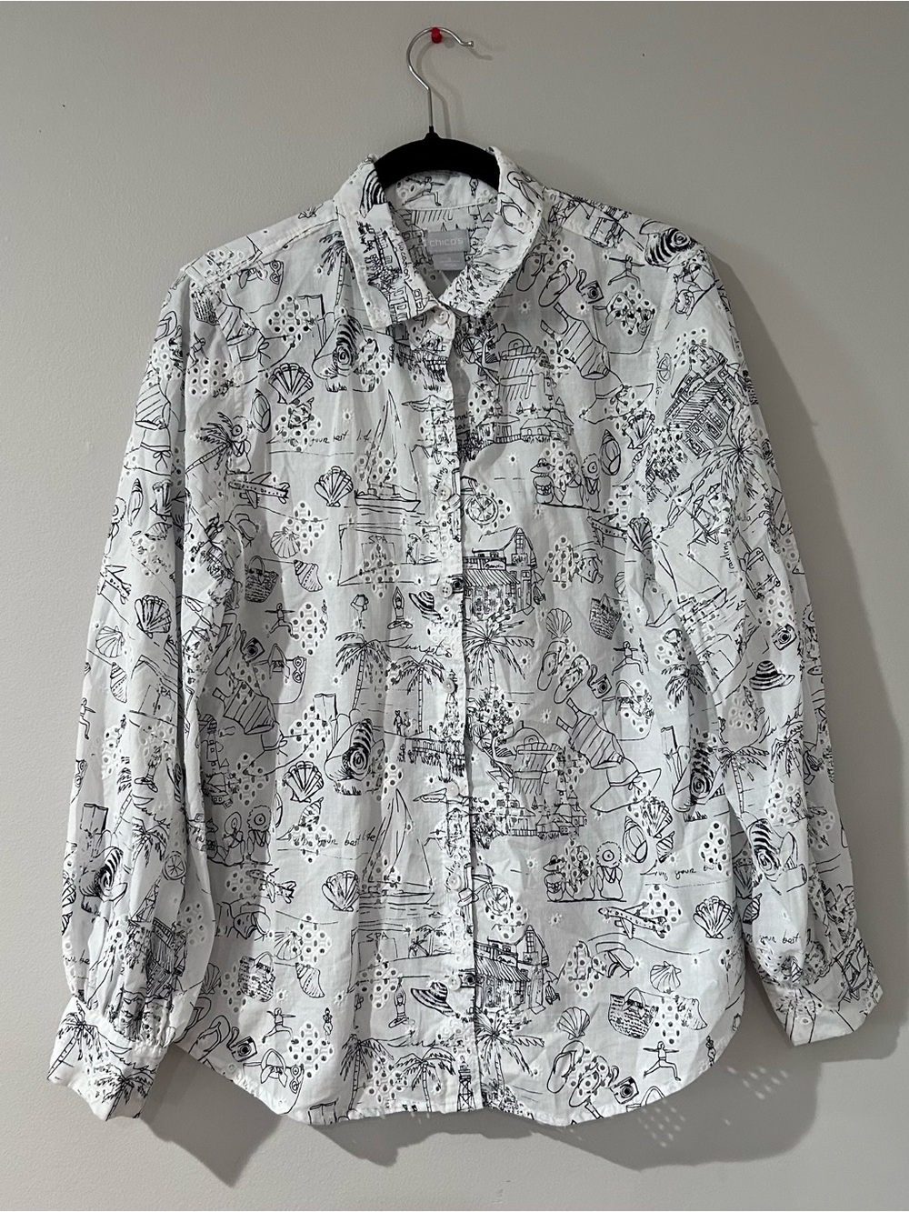 Chico's White Button-Down Shirt with Black Sketch Print